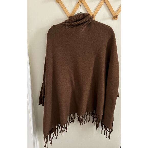 Magaschoni Sweater women's XL Brown Wool Blend Turtleneck Pullover Poncho Fringe - Picture 6 of 10